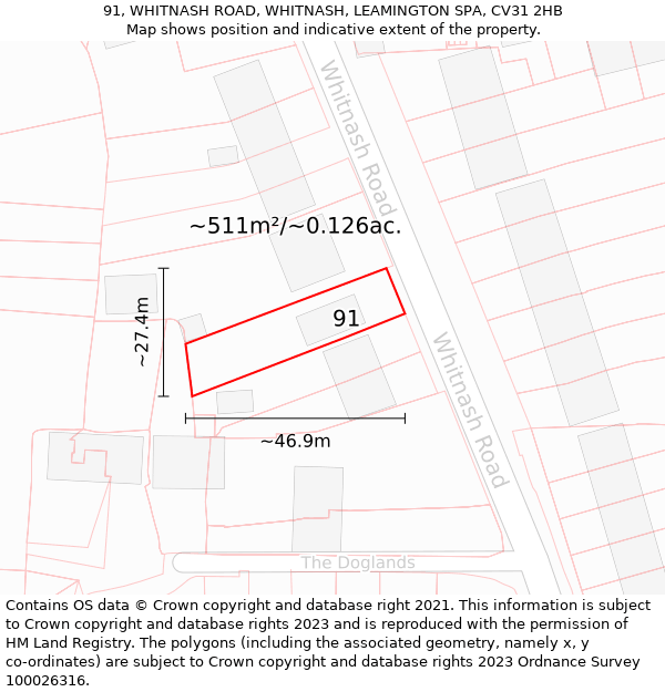 91, WHITNASH ROAD, WHITNASH, LEAMINGTON SPA, CV31 2HB: Plot and title map