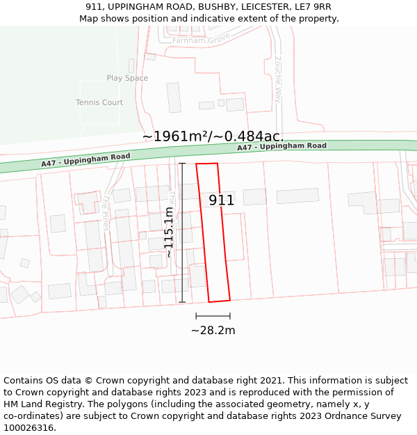 911, UPPINGHAM ROAD, BUSHBY, LEICESTER, LE7 9RR: Plot and title map