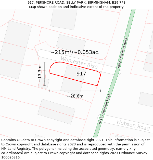 917, PERSHORE ROAD, SELLY PARK, BIRMINGHAM, B29 7PS: Plot and title map