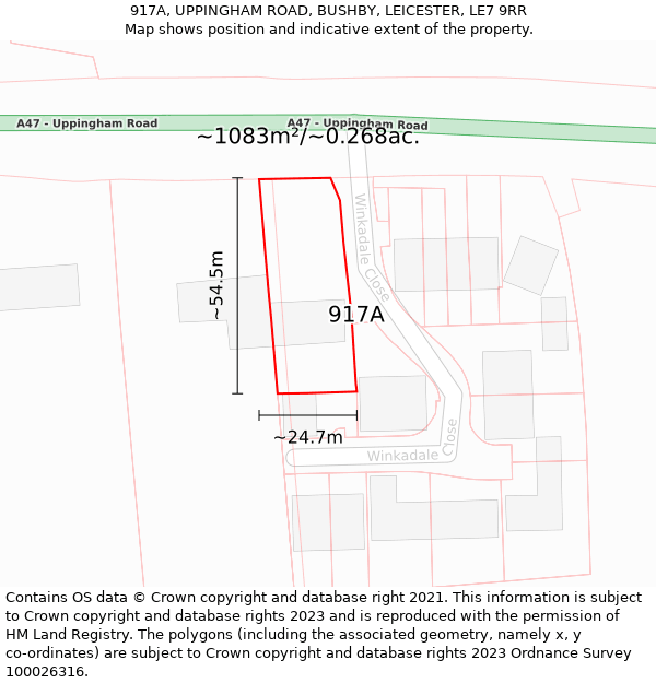 917A, UPPINGHAM ROAD, BUSHBY, LEICESTER, LE7 9RR: Plot and title map
