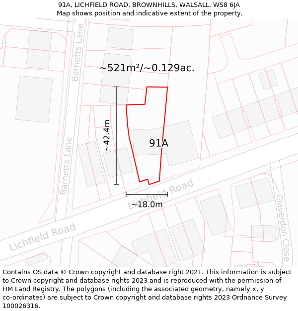 91A, LICHFIELD ROAD, BROWNHILLS, WALSALL, WS8 6JA: Plot and title map