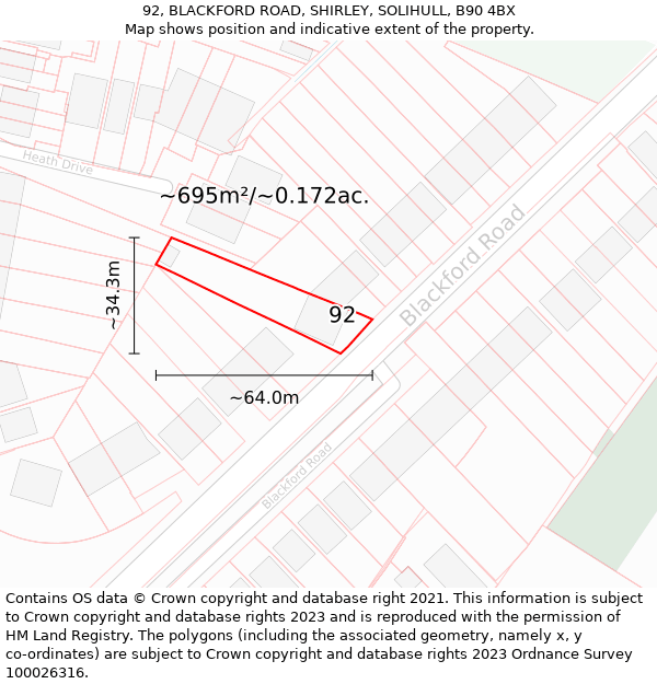 92, BLACKFORD ROAD, SHIRLEY, SOLIHULL, B90 4BX: Plot and title map