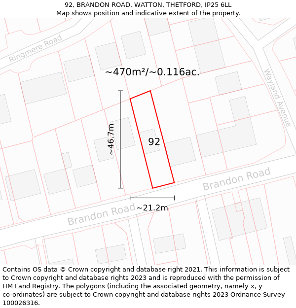 92, BRANDON ROAD, WATTON, THETFORD, IP25 6LL: Plot and title map