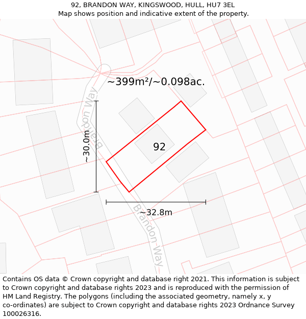 92, BRANDON WAY, KINGSWOOD, HULL, HU7 3EL: Plot and title map