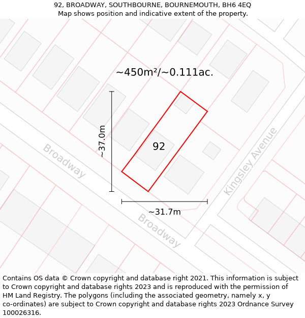 92, BROADWAY, SOUTHBOURNE, BOURNEMOUTH, BH6 4EQ: Plot and title map