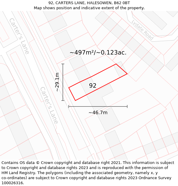 92, CARTERS LANE, HALESOWEN, B62 0BT: Plot and title map