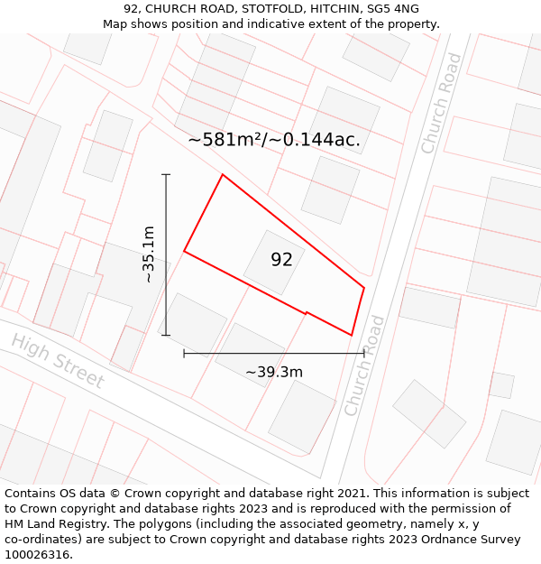 92, CHURCH ROAD, STOTFOLD, HITCHIN, SG5 4NG: Plot and title map