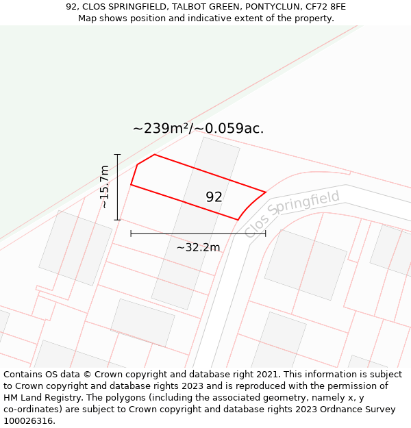 92, CLOS SPRINGFIELD, TALBOT GREEN, PONTYCLUN, CF72 8FE: Plot and title map