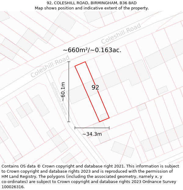 92, COLESHILL ROAD, BIRMINGHAM, B36 8AD: Plot and title map