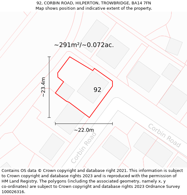 92, CORBIN ROAD, HILPERTON, TROWBRIDGE, BA14 7FN: Plot and title map