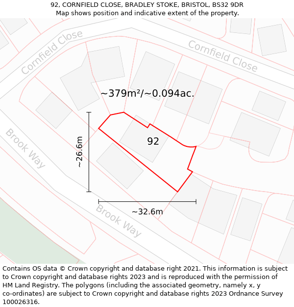 92, CORNFIELD CLOSE, BRADLEY STOKE, BRISTOL, BS32 9DR: Plot and title map