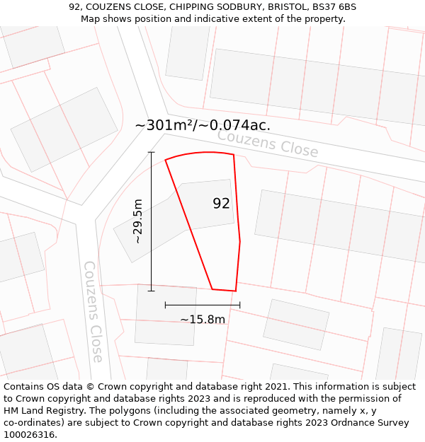 92, COUZENS CLOSE, CHIPPING SODBURY, BRISTOL, BS37 6BS: Plot and title map