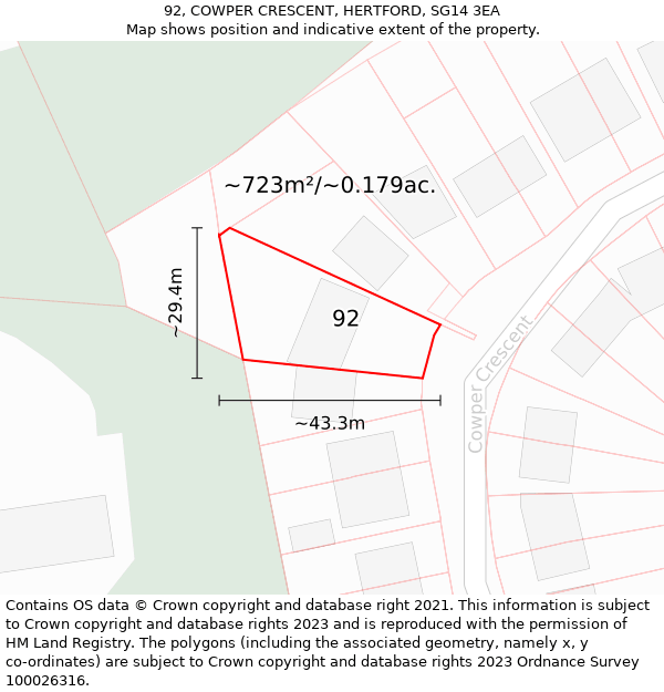 92, COWPER CRESCENT, HERTFORD, SG14 3EA: Plot and title map