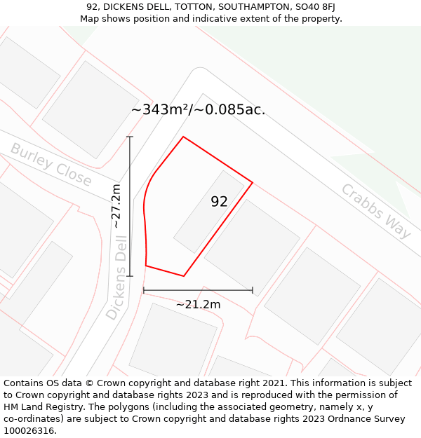 92, DICKENS DELL, TOTTON, SOUTHAMPTON, SO40 8FJ: Plot and title map