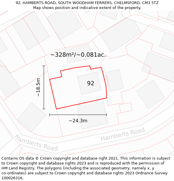 92, HAMBERTS ROAD, SOUTH WOODHAM FERRERS, CHELMSFORD, CM3 5TZ: Plot and title map