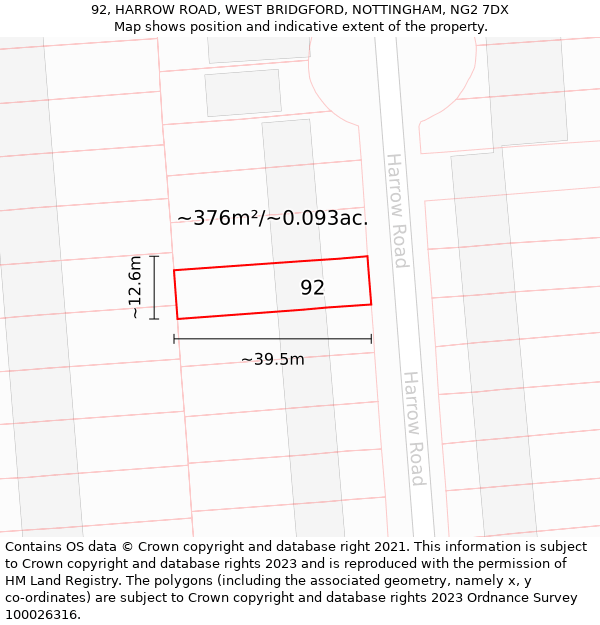 92, HARROW ROAD, WEST BRIDGFORD, NOTTINGHAM, NG2 7DX: Plot and title map