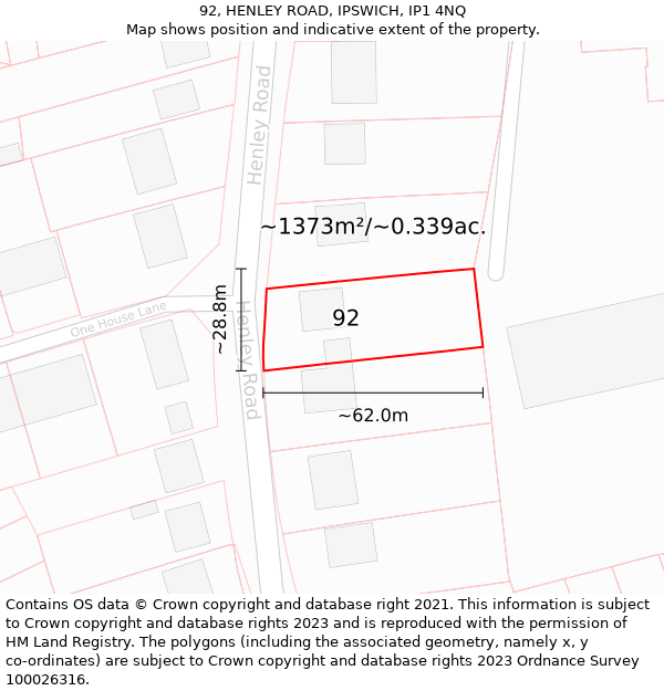 92, HENLEY ROAD, IPSWICH, IP1 4NQ: Plot and title map