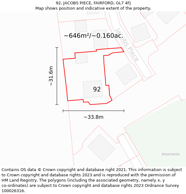 92, JACOBS PIECE, FAIRFORD, GL7 4FJ: Plot and title map