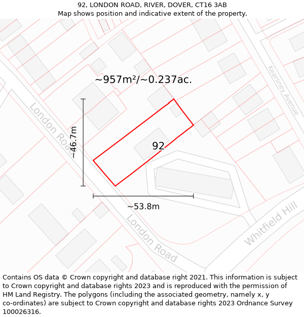 92, LONDON ROAD, RIVER, DOVER, CT16 3AB: Plot and title map