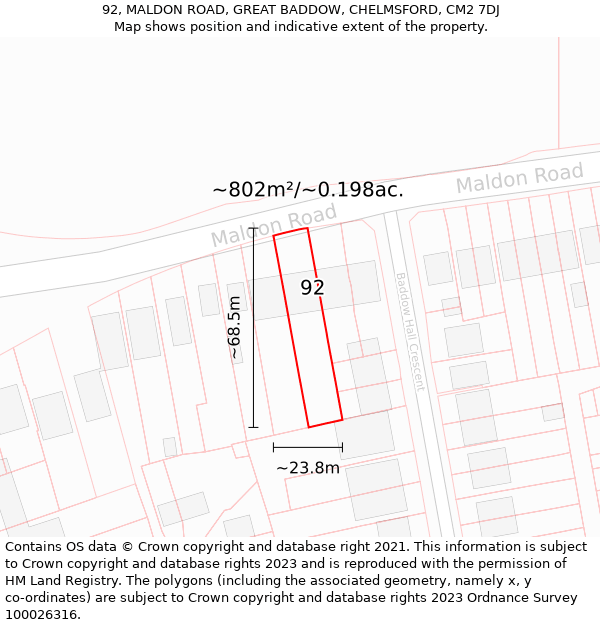 92, MALDON ROAD, GREAT BADDOW, CHELMSFORD, CM2 7DJ: Plot and title map