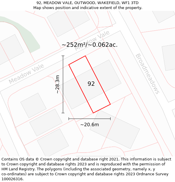 92, MEADOW VALE, OUTWOOD, WAKEFIELD, WF1 3TD: Plot and title map