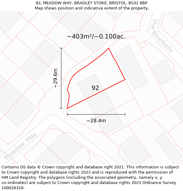 92, MEADOW WAY, BRADLEY STOKE, BRISTOL, BS32 8BP: Plot and title map