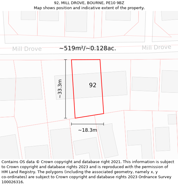 92, MILL DROVE, BOURNE, PE10 9BZ: Plot and title map