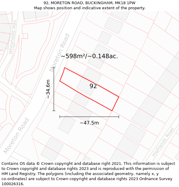 92, MORETON ROAD, BUCKINGHAM, MK18 1PW: Plot and title map