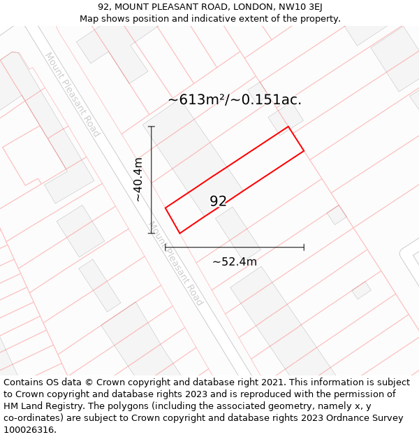 92, MOUNT PLEASANT ROAD, LONDON, NW10 3EJ: Plot and title map