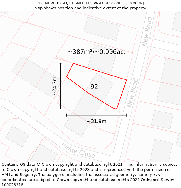 92, NEW ROAD, CLANFIELD, WATERLOOVILLE, PO8 0NJ: Plot and title map