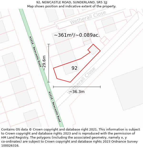 92, NEWCASTLE ROAD, SUNDERLAND, SR5 1JJ: Plot and title map