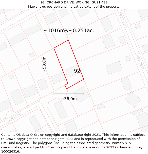 92, ORCHARD DRIVE, WOKING, GU21 4BS: Plot and title map