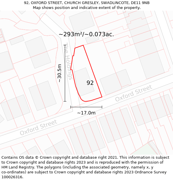 92, OXFORD STREET, CHURCH GRESLEY, SWADLINCOTE, DE11 9NB: Plot and title map