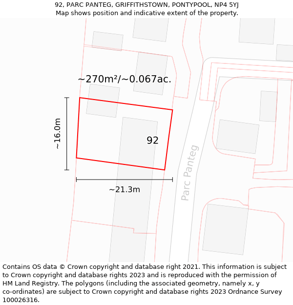 92, PARC PANTEG, GRIFFITHSTOWN, PONTYPOOL, NP4 5YJ: Plot and title map