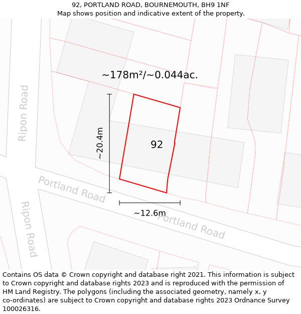 92, PORTLAND ROAD, BOURNEMOUTH, BH9 1NF: Plot and title map