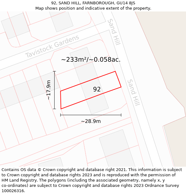 92, SAND HILL, FARNBOROUGH, GU14 8JS: Plot and title map