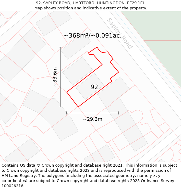 92, SAPLEY ROAD, HARTFORD, HUNTINGDON, PE29 1EL: Plot and title map