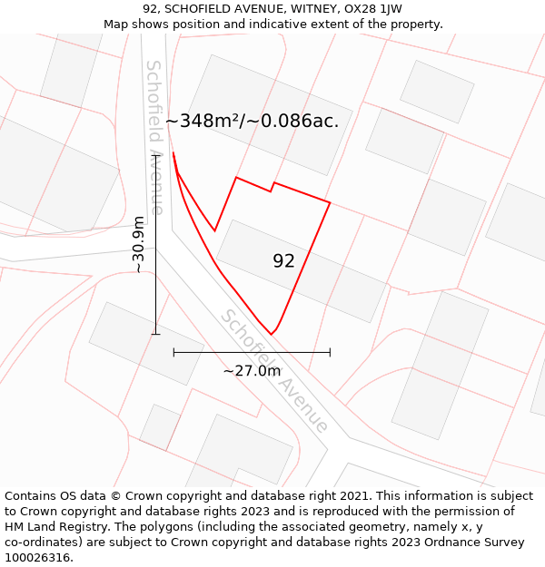 92, SCHOFIELD AVENUE, WITNEY, OX28 1JW: Plot and title map