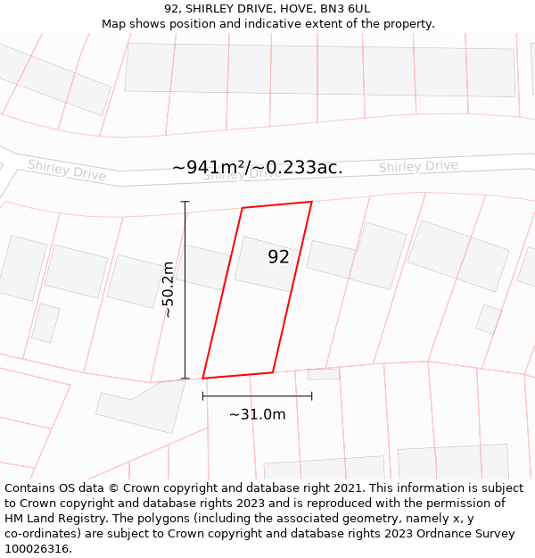 92, SHIRLEY DRIVE, HOVE, BN3 6UL: Plot and title map