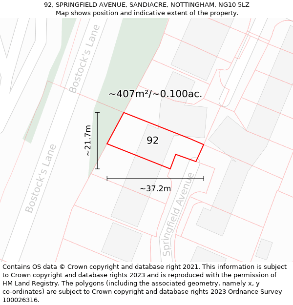 92, SPRINGFIELD AVENUE, SANDIACRE, NOTTINGHAM, NG10 5LZ: Plot and title map