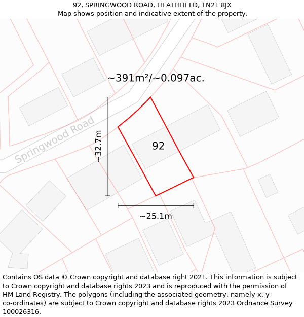 92, SPRINGWOOD ROAD, HEATHFIELD, TN21 8JX: Plot and title map