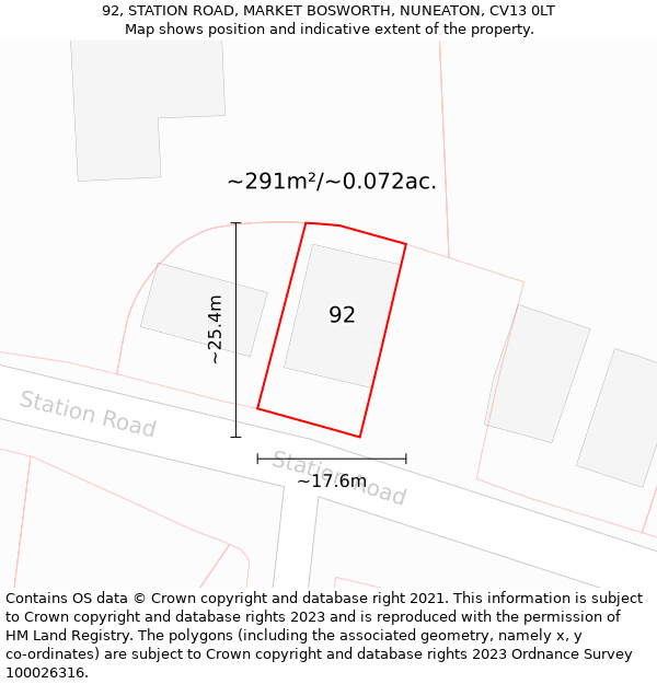 92, STATION ROAD, MARKET BOSWORTH, NUNEATON, CV13 0LT: Plot and title map