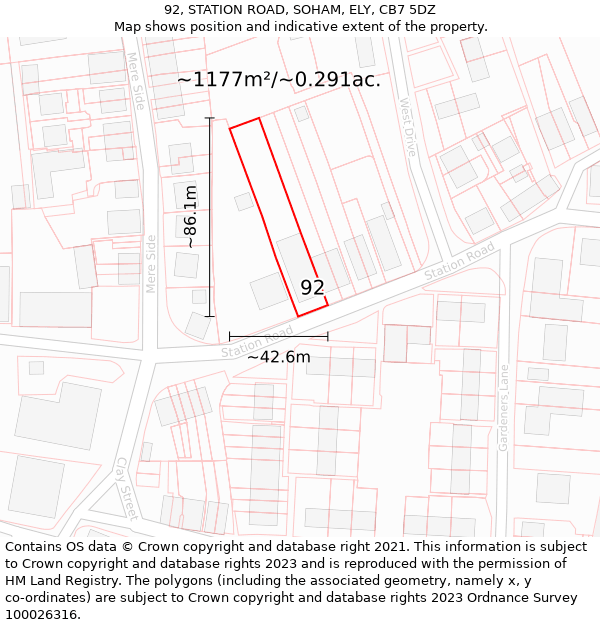 92, STATION ROAD, SOHAM, ELY, CB7 5DZ: Plot and title map