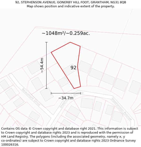 92, STEPHENSON AVENUE, GONERBY HILL FOOT, GRANTHAM, NG31 8QB: Plot and title map