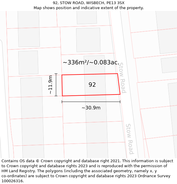 92, STOW ROAD, WISBECH, PE13 3SX: Plot and title map