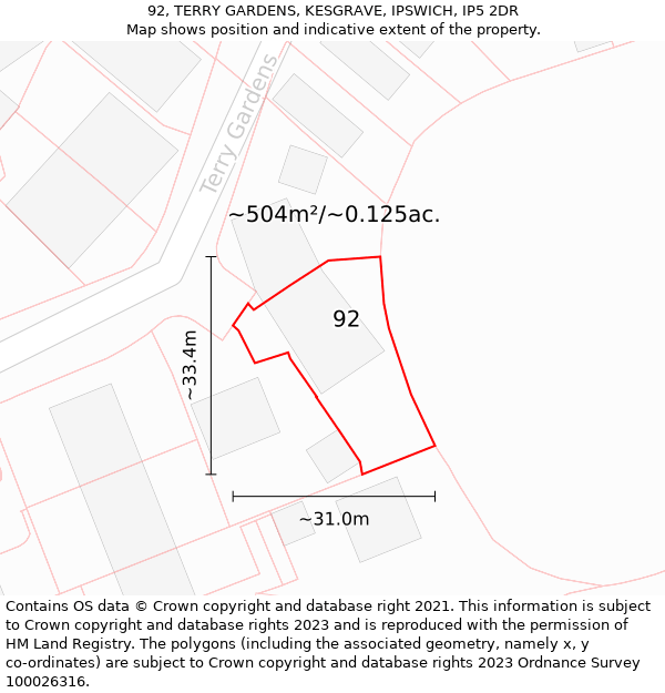 92, TERRY GARDENS, KESGRAVE, IPSWICH, IP5 2DR: Plot and title map