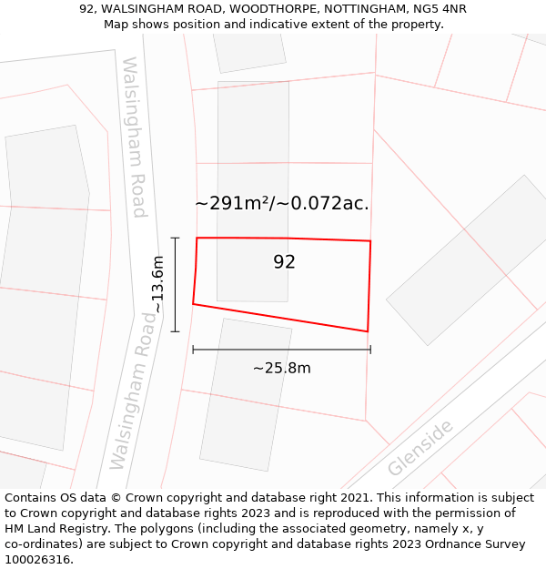 92, WALSINGHAM ROAD, WOODTHORPE, NOTTINGHAM, NG5 4NR: Plot and title map