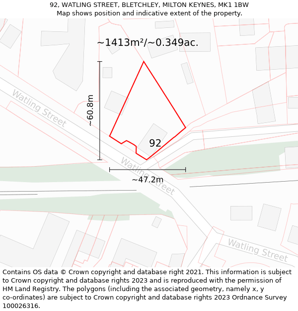 92, WATLING STREET, BLETCHLEY, MILTON KEYNES, MK1 1BW: Plot and title map