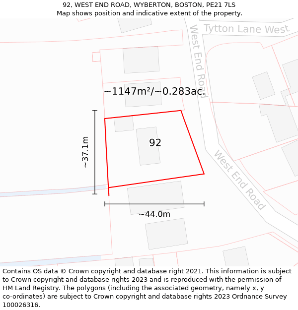 92, WEST END ROAD, WYBERTON, BOSTON, PE21 7LS: Plot and title map