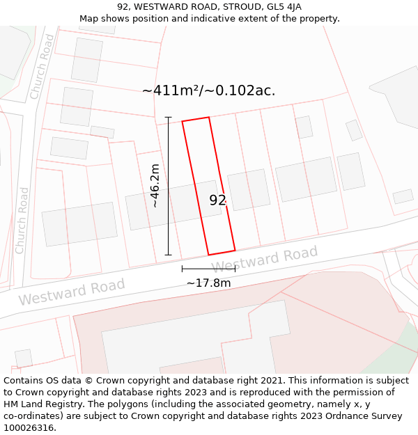 92, WESTWARD ROAD, STROUD, GL5 4JA: Plot and title map